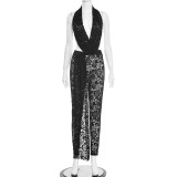 Women Spring/Summer Cross-Strap Halter Neck Sexy Backless See-Through Lace Jumpsuit