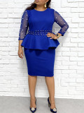 Plus Size Women Beaded Faux Two-Piece Mesh Sleeve Ruffled Formal Party Dress