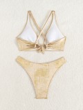 Women Sexy Solid Cross-Strap Bikini Swimsuit Two-Piece Set