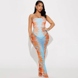 Women spring/summer printed mesh see-through strawless dress
