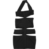 Women Summer Sexy Hollow Out Patchwork Solid Halter Neck Dress