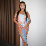 Women spring/summer printed mesh see-through strawless dress