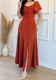 Women Ruffle Sleeve Casual Elegant Button-Up Slit Dress