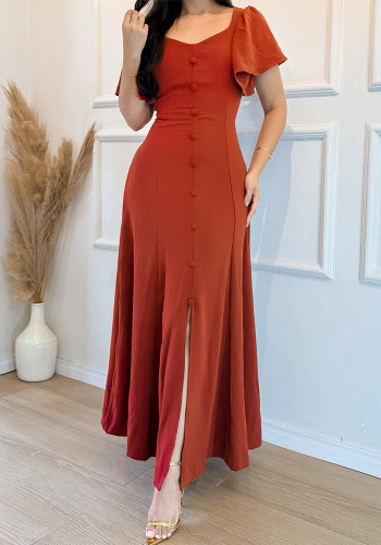 Women Ruffle Sleeve Casual Elegant Button-Up Slit Dress