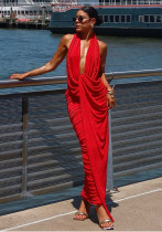 Women Summer V-Neck Sexy Sleeveless Halter Neck Backless Patchwork Dress