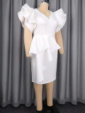 Plus size Women white V-neck Elegant Bodycon Dress with Ruffled Sleeves
