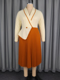 Plus size Women color-blocked long-sleeved turndown pleated office dress