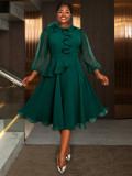 Plus Size Women Long-Sleeved Ruffled Formal Party Elegant Chiffon Dress