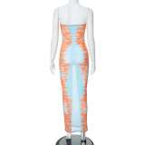 Women spring/summer printed mesh see-through strawless dress