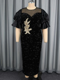 Plus Size Women Black Sequined Puff Sleeve Floral Embroidery Formal Party Dress