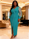 Plus Size Women Lake Green Pearl V-Neck See-Through Slit Formal Party Dress