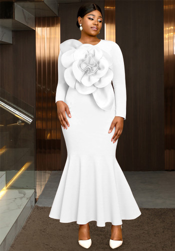 Plus Size Women White Floral Long-Sleeved Fishtail Elegant Dress