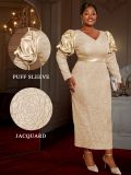 Plus Size Women Light Purple Jacquard Puff Sleeve Formal Party Elegant Maxi Dress