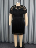Plus Size Women Black Tassel Lace Cape Suspender Formal Party Dress