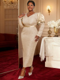 Plus Size Women Light Purple Jacquard Puff Sleeve Formal Party Elegant Maxi Dress