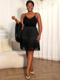 Plus Size Women Black Tassel Lace Cape Suspender Formal Party Dress
