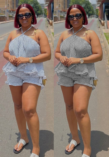 Women Elegant Halter Neck Sleeveless Striped Top and Shorts Two-Piece Set
