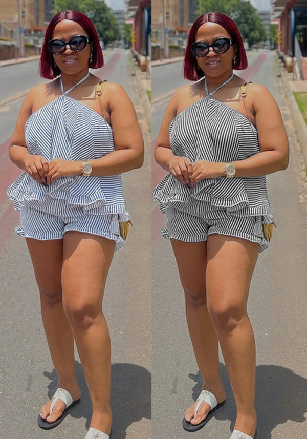 Women Elegant Halter Neck Sleeveless Striped Top and Shorts Two-Piece Set