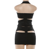 Women Summer Sexy Hollow Out Patchwork Solid Halter Neck Dress