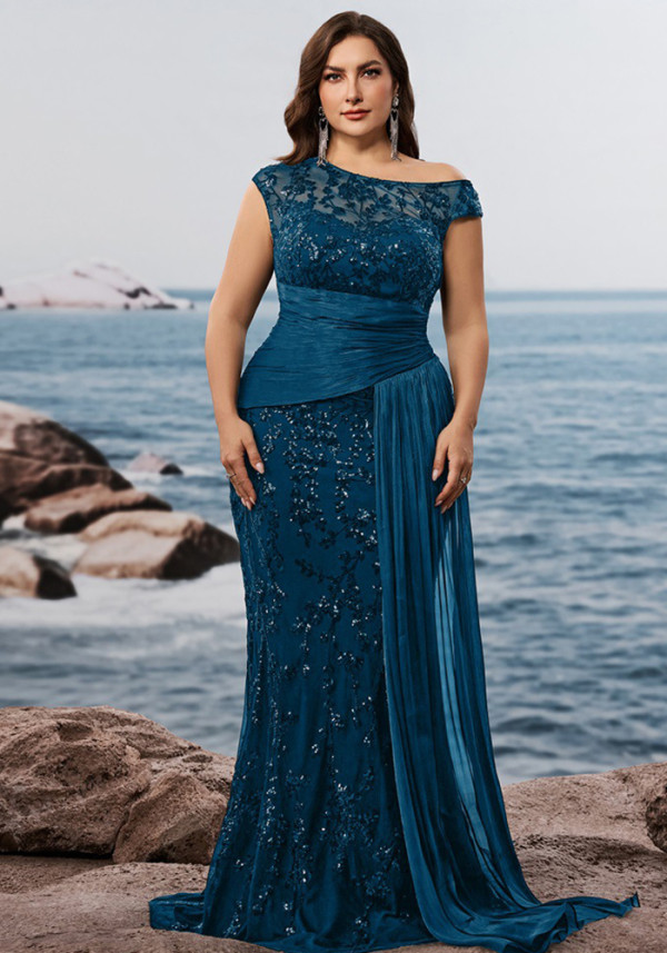 Plus Size Women Elegant Sequin Patchwork V-neck Sleeveless Evening Dress