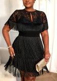 Plus Size Women Black Tassel Lace Cape Suspender Formal Party Dress