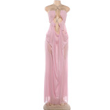 Women Summer Holidays Sexy Mesh See-Through Halter Neck Dress