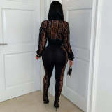 Women Printed Mesh See-Through Shirt and Pants Two-Piece Set
