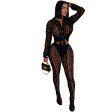 Women Printed Mesh See-Through Shirt and Pants Two-Piece Set