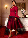 Plus Size Women Color Block V-Neck Bell Bottom Sleeve Lace Mesh Formal Party Dress