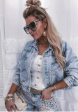 Women's Studded Denim Jacket Long Sleeve Turndown Collar Light Blue Jacket