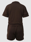 Women Summer Turndown Collar Zippered Short-Sleeve Top and Drawstring Pocket Shorts Two-Piece Set