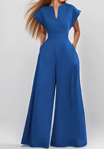 Women's Chic V-Neck Short Sleeve High-Waist Wide-Leg Jumpsuit