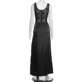 Spring Women's Solid Color Sexy Slim Fit Sleeveless Slit Lace Patchwork Evening Dress