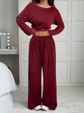 Women Slash Shoulder Casual Crop and Pant Solid Two-Piece Set