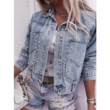 Women's Studded Denim Jacket Long Sleeve Turndown Collar Light Blue Jacket