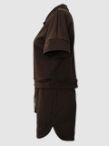 Women Summer Turndown Collar Zippered Short-Sleeve Top and Drawstring Pocket Shorts Two-Piece Set