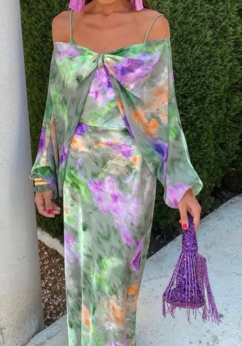 Spring Women's Chic Sexy Off-Shoulder Tie-Dye Slip Dress & Shawl Set