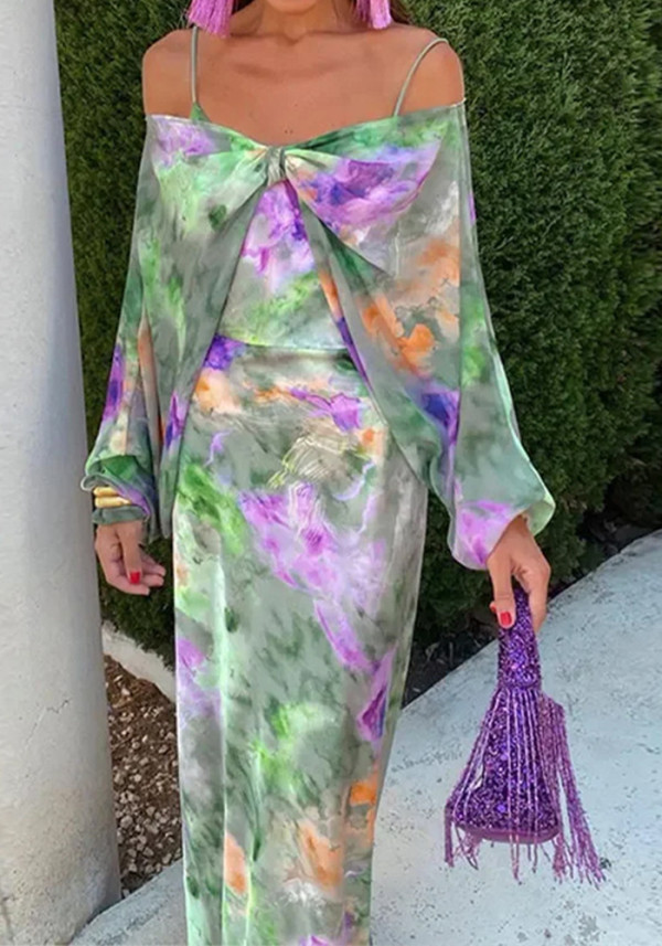 Spring Women's Chic Sexy Off-Shoulder Tie-Dye Slip Dress & Shawl Set