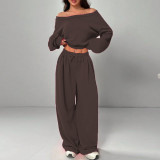 Women Slash Shoulder Casual Crop and Pant Solid Two-Piece Set
