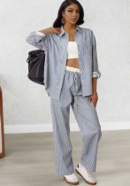 Women Striped Pocket Long-Sleeve Shirt and Pants Autumn Two-Piece Set