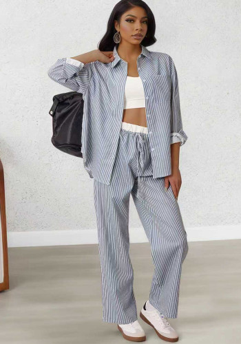 Women Striped Pocket Long-Sleeve Shirt and Pants Autumn Two-Piece Set