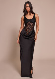 Spring Women's Solid Color Sexy Slim Fit Sleeveless Slit Lace Patchwork Evening Dress
