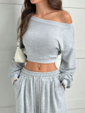 Women Slash Shoulder Casual Crop and Pant Solid Two-Piece Set