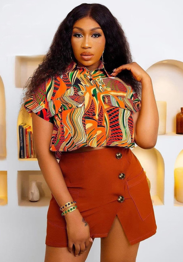 Women Printed Turndown Collar Button-Down Short-Sleeve Pocket Shirt with Slit Skirt Two-Piece Set