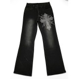 Women's Cross Print Washed Denim Flared Pants