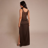 Spring Women's Solid Color Sexy Slim Fit Sleeveless Slit Lace Patchwork Evening Dress