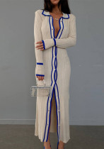 Women's Slim Fit Turndown Collar Patchwork Long Sleeve Tight Slim Shirt Dress