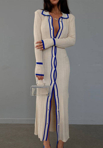 Women's Slim Fit Turndown Collar Patchwork Long Sleeve Tight Slim Shirt Dress