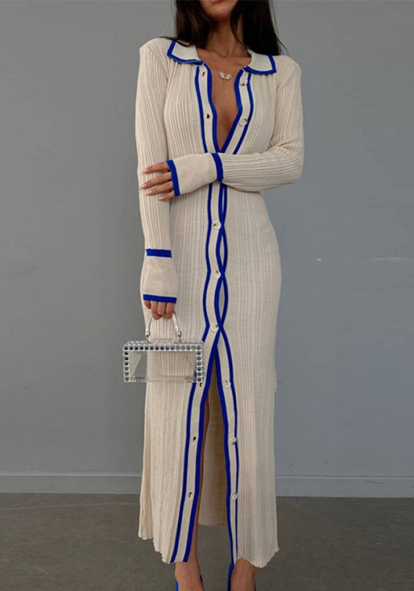 Women's Slim Fit Turndown Collar Patchwork Long Sleeve Tight Slim Shirt Dress