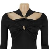 Women's Chic Cut Out Long Sleeve Slim Fit Solid Color Bodycon Dress